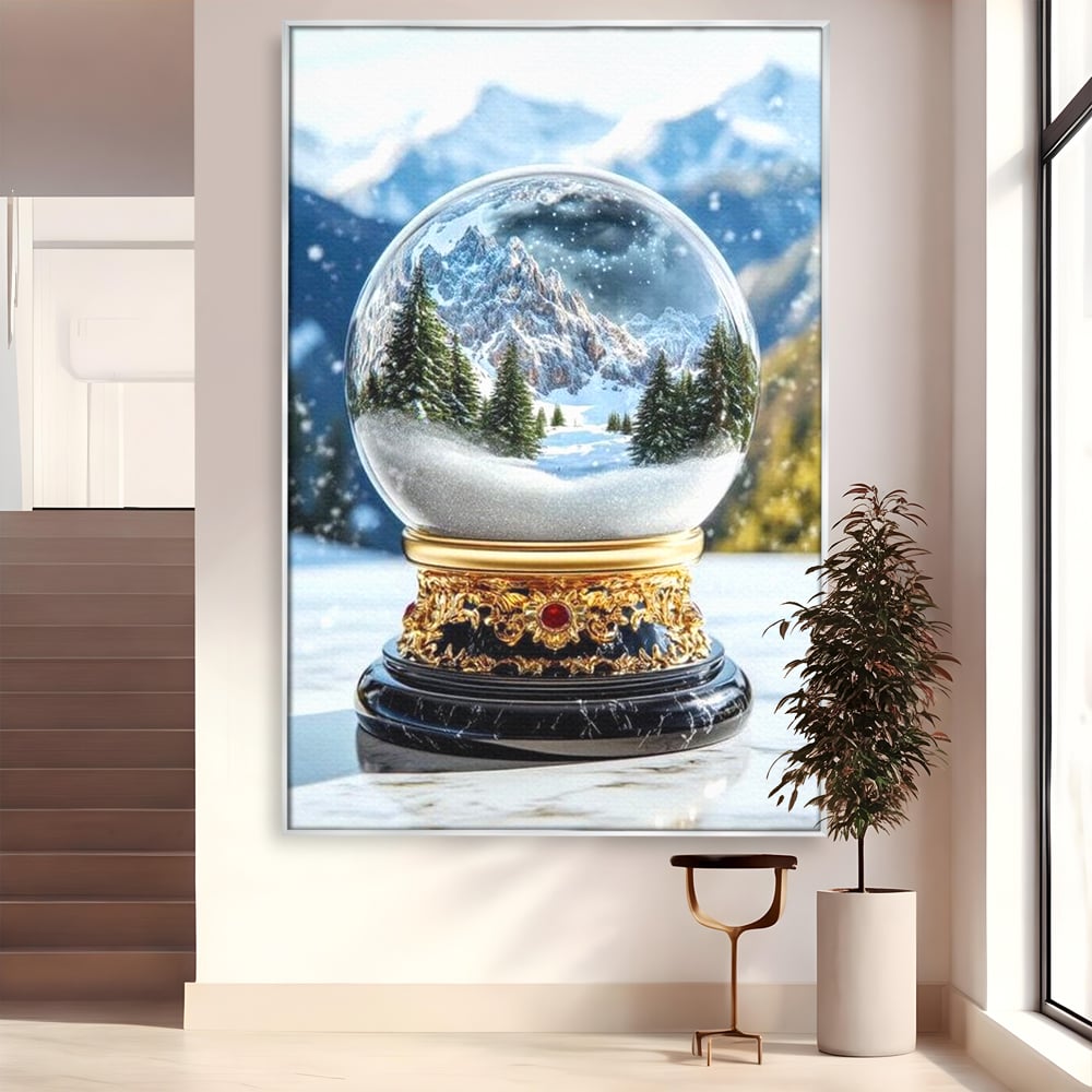 Tablou canvas cu tablou canvas cu glob de sticla si munti, in rama de aluminiu argintiu